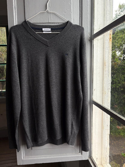 Pedro Del Hierro Men Wool - Cashmere Jumper, Luxury Grey V Neck Sweater, Soft Grandpa Core XL