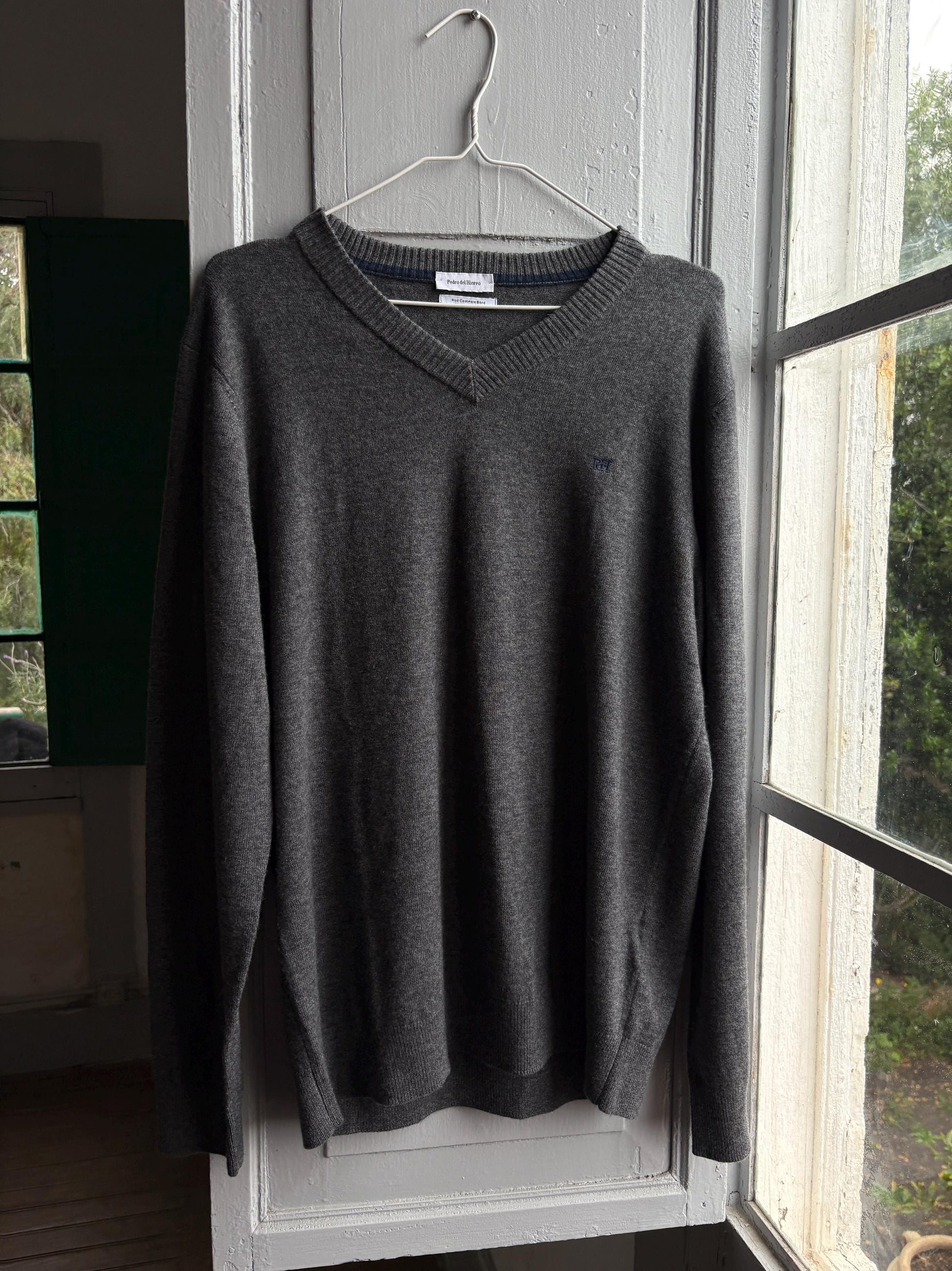 Pedro Del Hierro Men Wool - Cashmere Jumper, Luxury Grey V Neck Sweater, Soft Grandpa Core XL