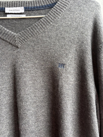 Pedro Del Hierro Men Wool - Cashmere Jumper, Luxury Grey V Neck Sweater, Soft Grandpa Core XL