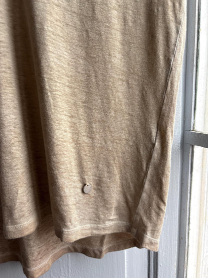 Luxe Adolfo Dominguez Linen Blend tan T Shirt, Women Minimalist Beige Taupe V Neck Relaxed Summer Top, Size S