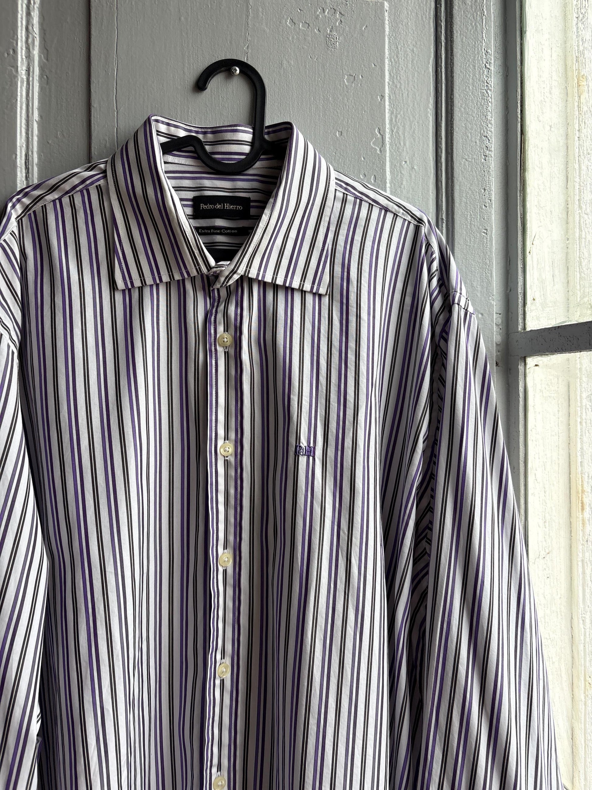 Pedro Del Hierro Men Shirt, Purple Stripe Luxury Button Down, Extra Fine Cotton, Size XXL