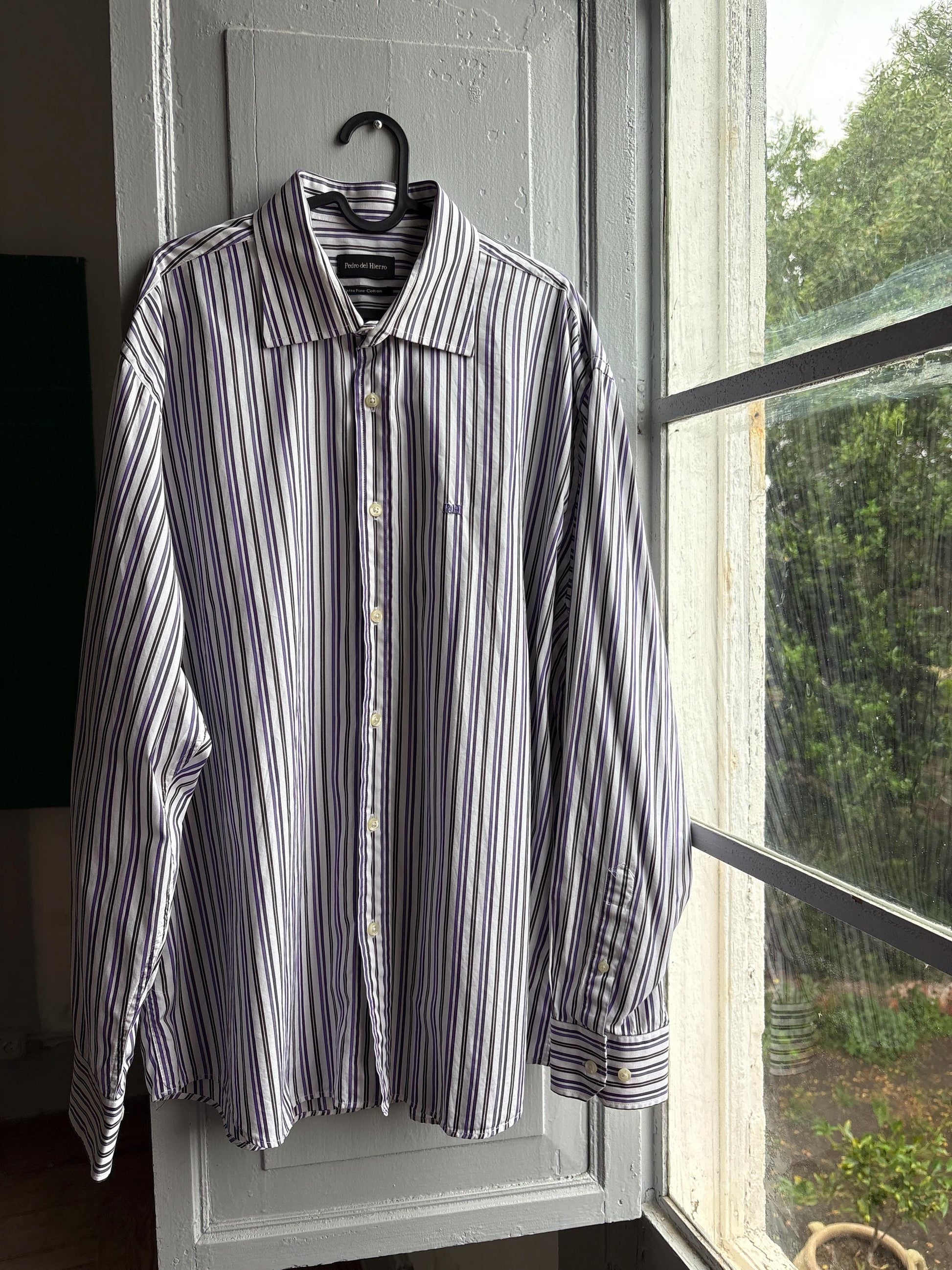 Pedro Del Hierro Men Shirt, Purple Stripe Luxury Button Down, Extra Fine Cotton, Size XXL