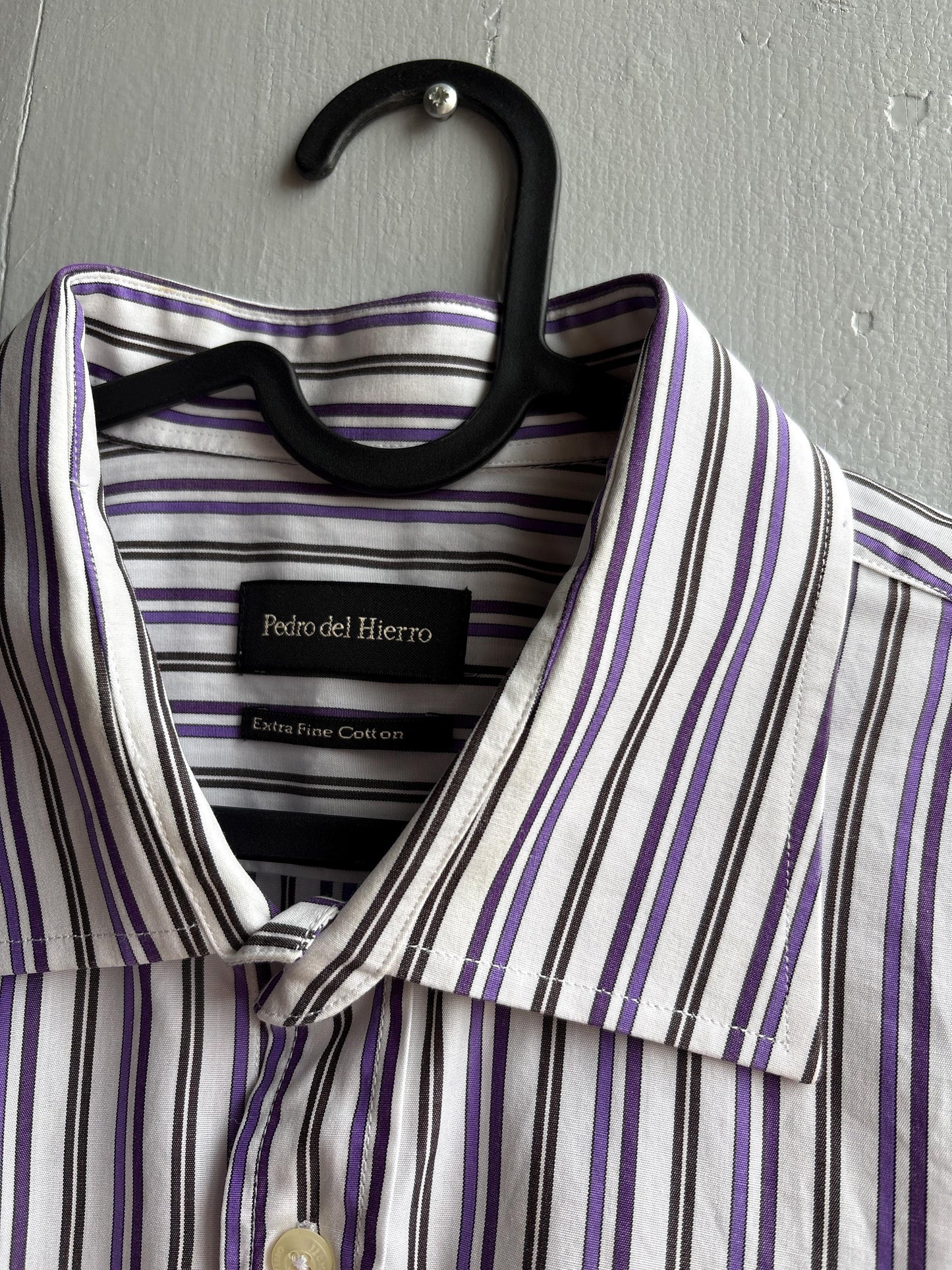 Pedro Del Hierro Men Shirt, Purple Stripe Luxury Button Down, Extra Fine Cotton, Size XXL