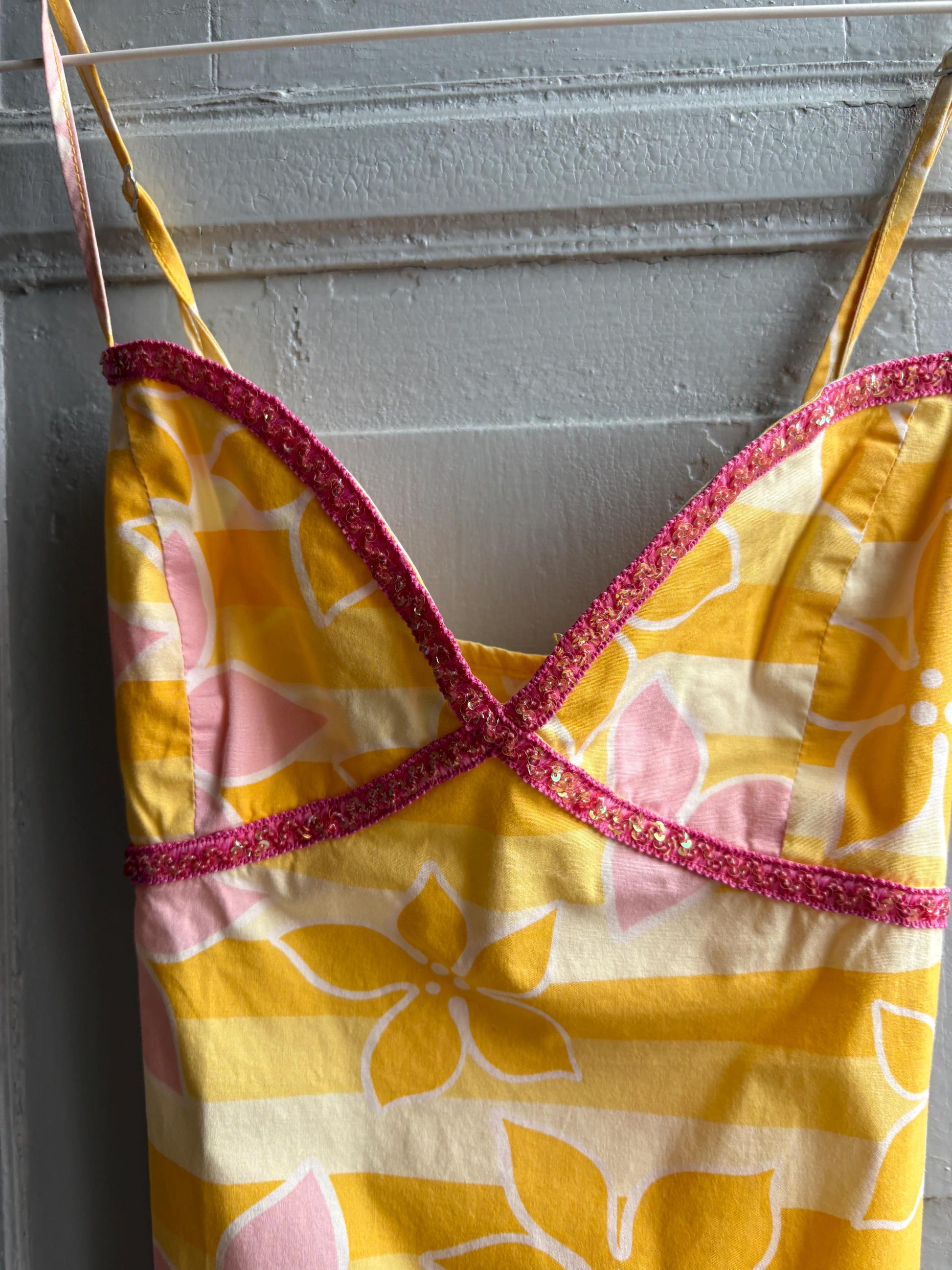 Vintage Y2K Rip Curl Floral Mini Dress, Pink Yellow Sequin Summer Slip, Women Beach Surf Aesthetic, Size S