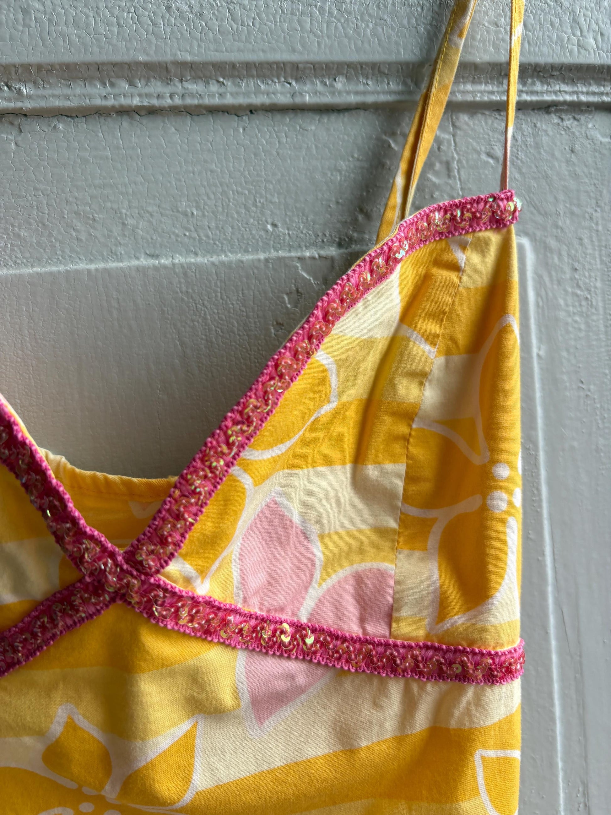 Vintage Y2K Rip Curl Floral Mini Dress, Pink Yellow Sequin Summer Slip, Women Beach Surf Aesthetic, Size S