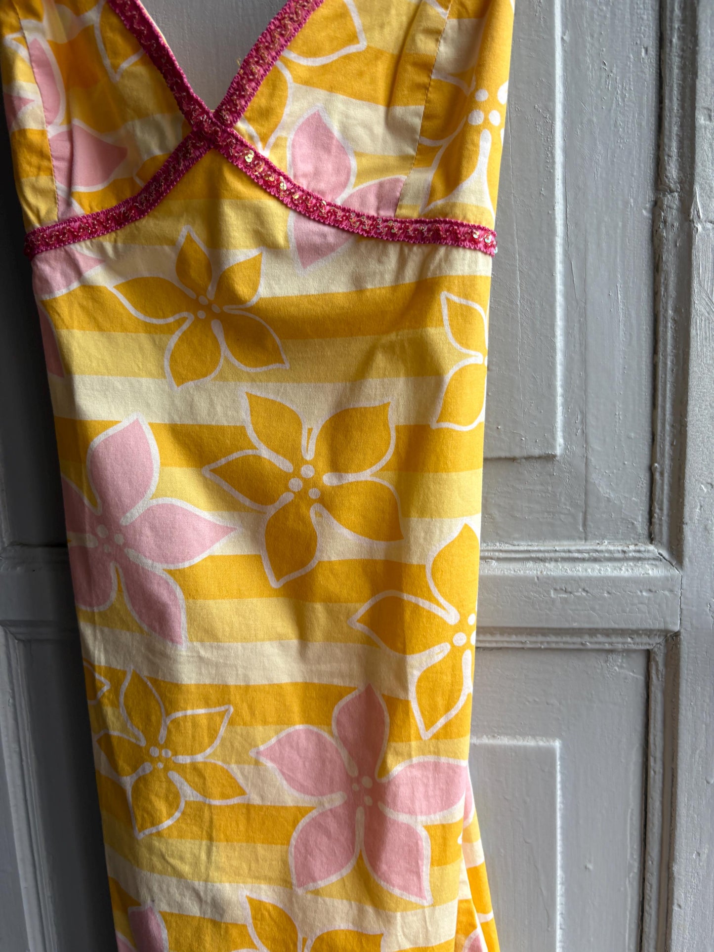 Vintage Y2K Rip Curl Floral Mini Dress, Pink Yellow Sequin Summer Slip, Women Beach Surf Aesthetic, Size S