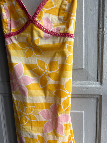 Vintage Y2K Rip Curl Floral Mini Dress, Pink Yellow Sequin Summer Slip, Women Beach Surf Aesthetic, Size S