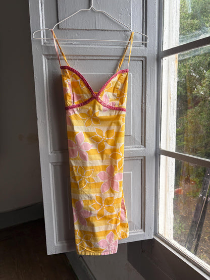 Vintage Y2K Rip Curl Floral Mini Dress, Pink Yellow Sequin Summer Slip, Women Beach Surf Aesthetic, Size S