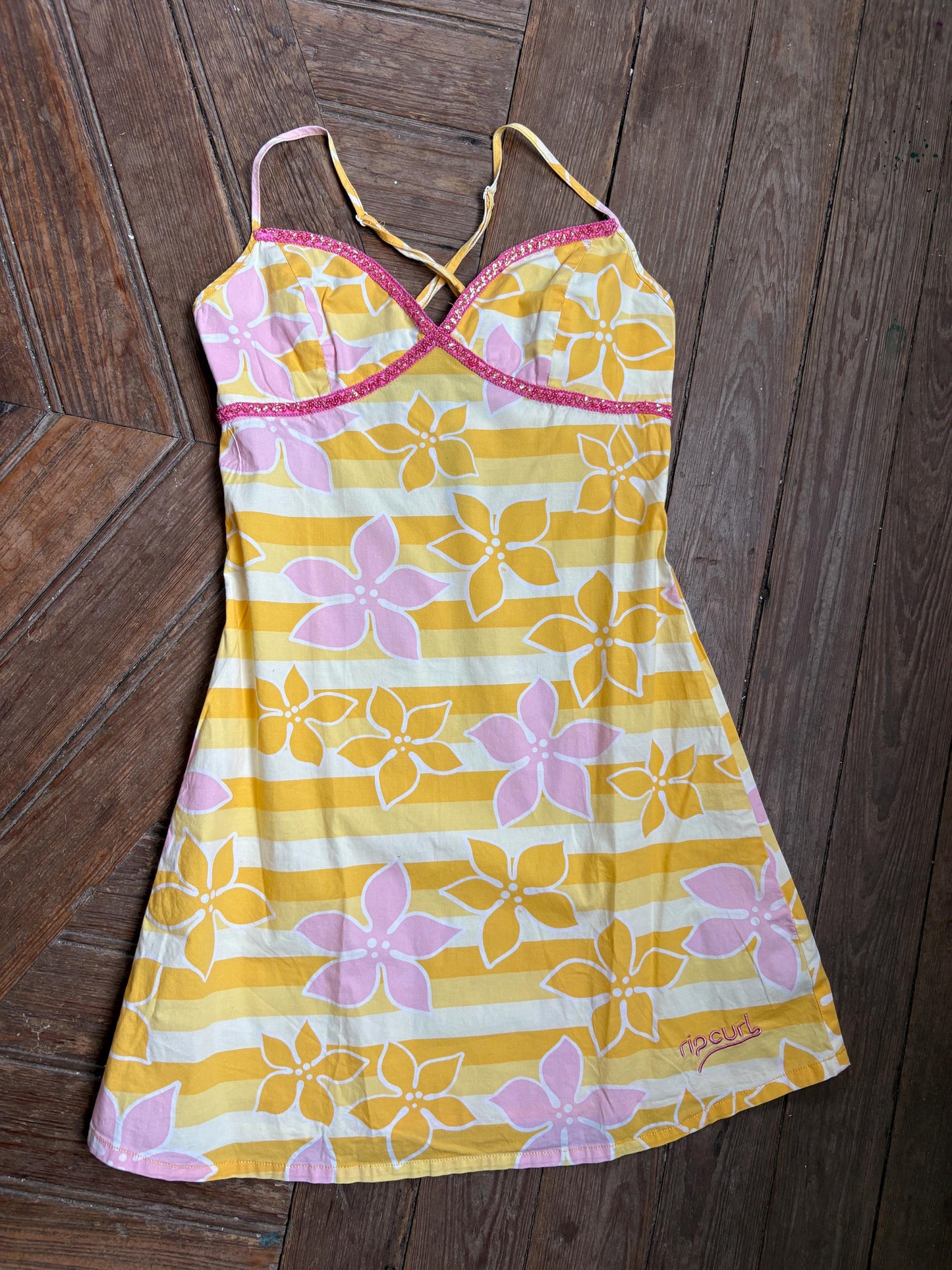 Vintage Y2K Rip Curl Floral Mini Dress, Pink Yellow Sequin Summer Slip, Women Beach Surf Aesthetic, Size S