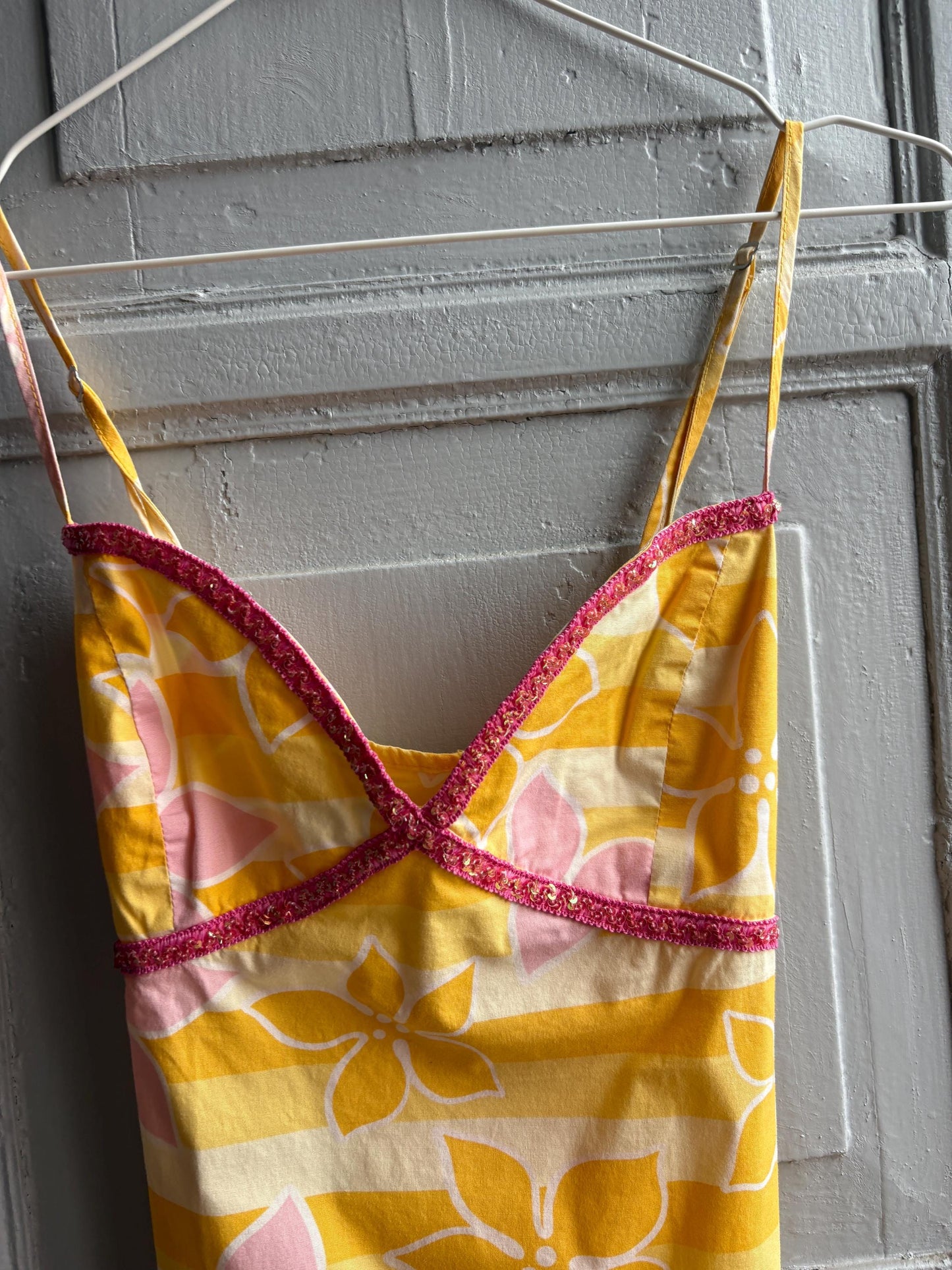 Vintage Y2K Rip Curl Floral Mini Dress, Pink Yellow Sequin Summer Slip, Women Beach Surf Aesthetic, Size S