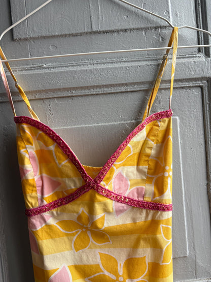 Vintage Y2K Rip Curl Floral Mini Dress, Pink Yellow Sequin Summer Slip, Women Beach Surf Aesthetic, Size S