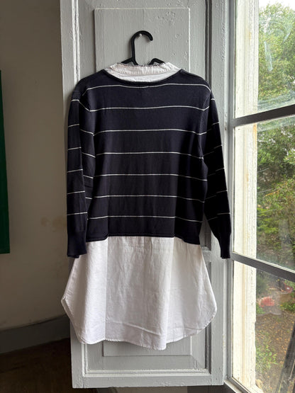 Navy Striped Cotton Layered Shirt — fabric close-up