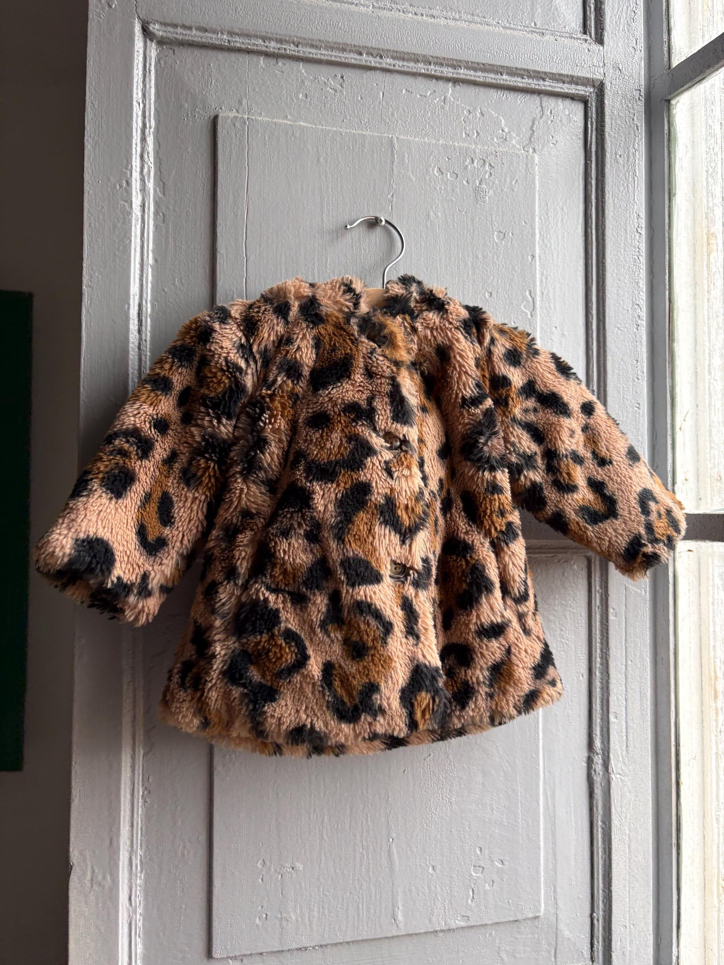 Toddler Leopard Print Faux Fur Winter Coat, Size 62 Baby Girl Jacket, Animal Print Hooded Cozy Soft Secondhand Gift