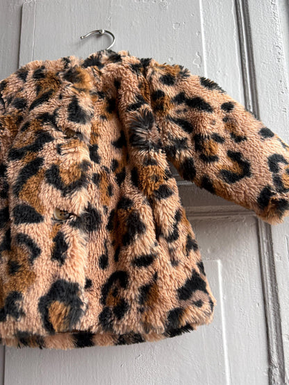 Toddler Leopard Print Faux Fur Winter Coat, Size 62 Baby Girl Jacket, Animal Print Hooded Cozy Soft Secondhand Gift