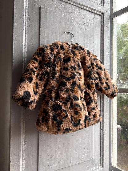 Toddler Leopard Print Faux Fur Winter Coat, Size 62 Baby Girl Jacket, Animal Print Hooded Cozy Soft Secondhand Gift