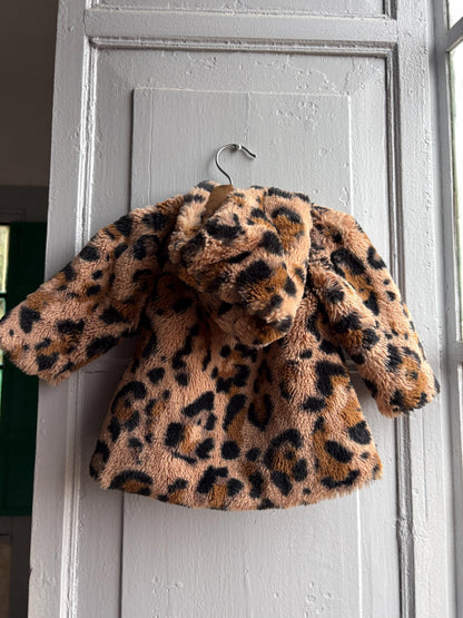 Toddler Leopard Print Faux Fur Winter Coat, Size 62 Baby Girl Jacket, Animal Print Hooded Cozy Soft Secondhand Gift