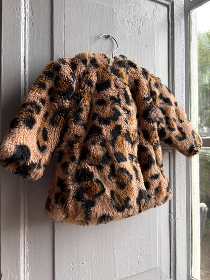 Toddler Leopard Print Faux Fur Winter Coat, Size 62 Baby Girl Jacket, Animal Print Hooded Cozy Soft Secondhand Gift