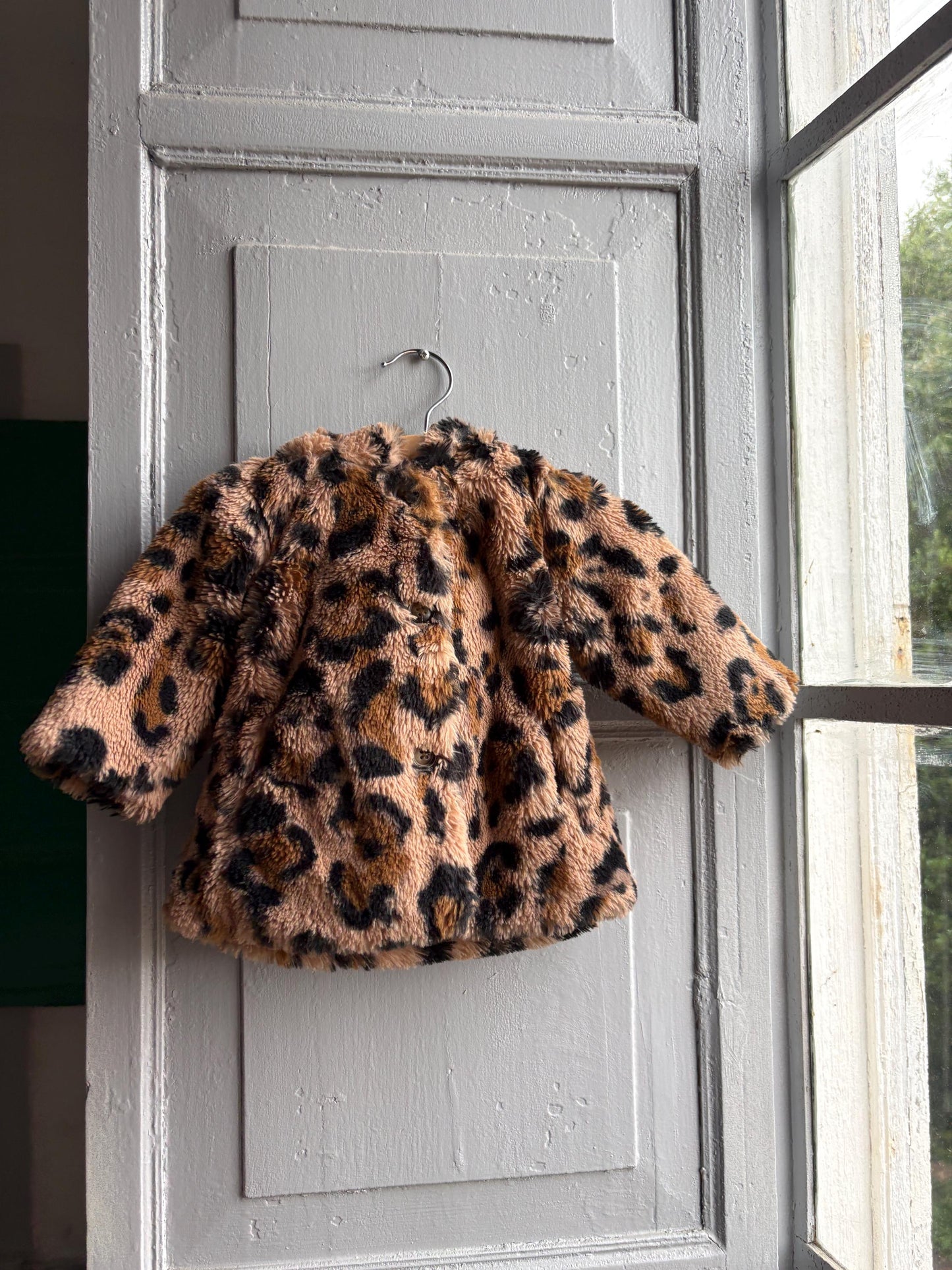 Toddler Leopard Print Faux Fur Winter Coat, Size 62 Baby Girl Jacket, Animal Print Hooded Cozy Soft Secondhand Gift