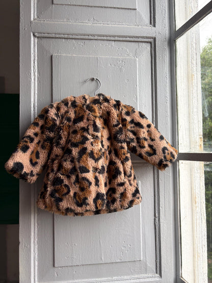 Toddler Leopard Print Faux Fur Winter Coat, Size 62 Baby Girl Jacket, Animal Print Hooded Cozy Soft Secondhand Gift