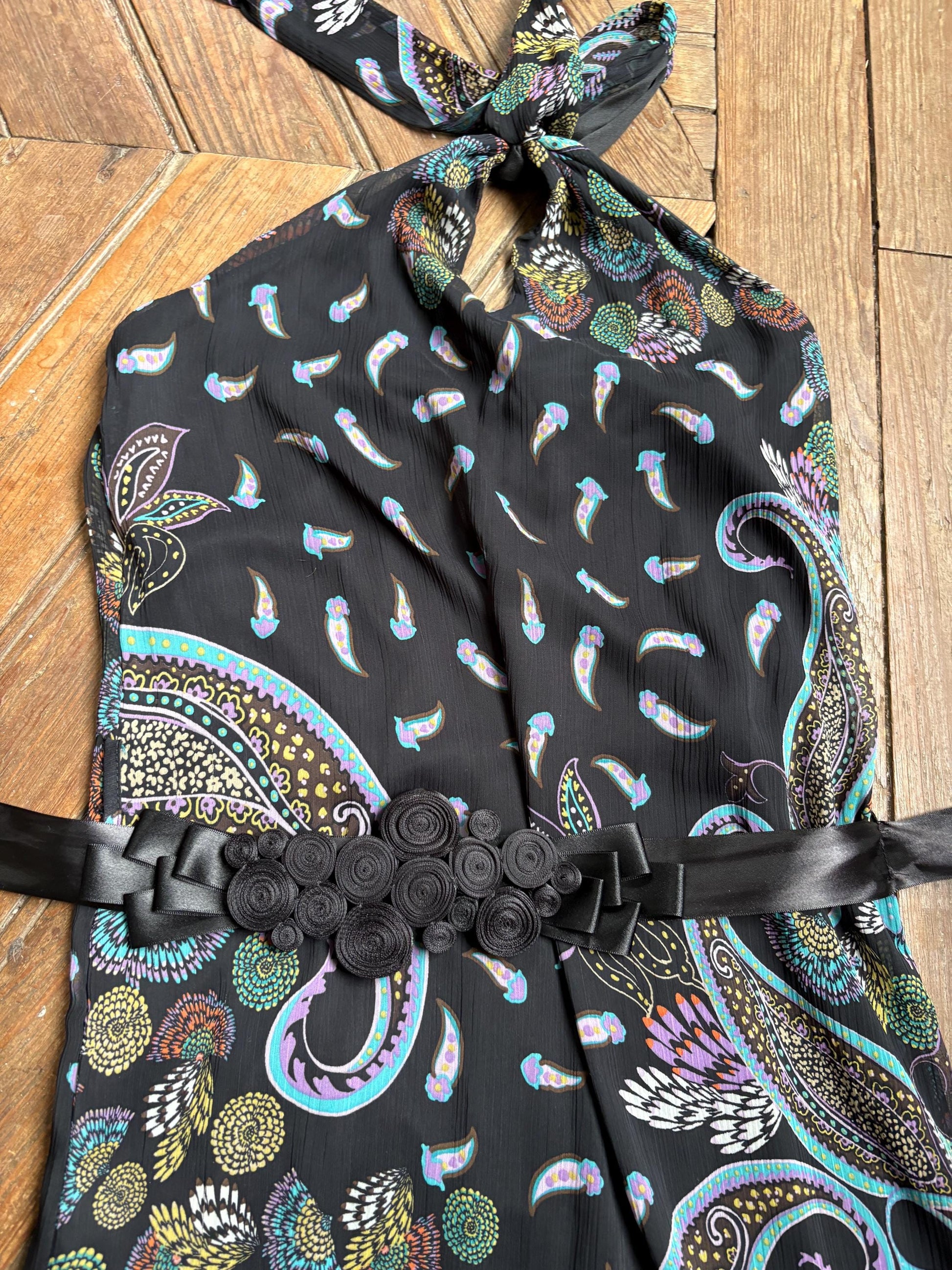 Morgan De Toi Halter Dress, Y2K Paisley Boho Party Dress, Black Lace Midi Dress, French Vintage EU 38