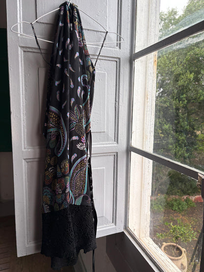 Morgan De Toi Halter Dress, Y2K Paisley Boho Party Dress, Black Lace Midi Dress, French Vintage EU 38
