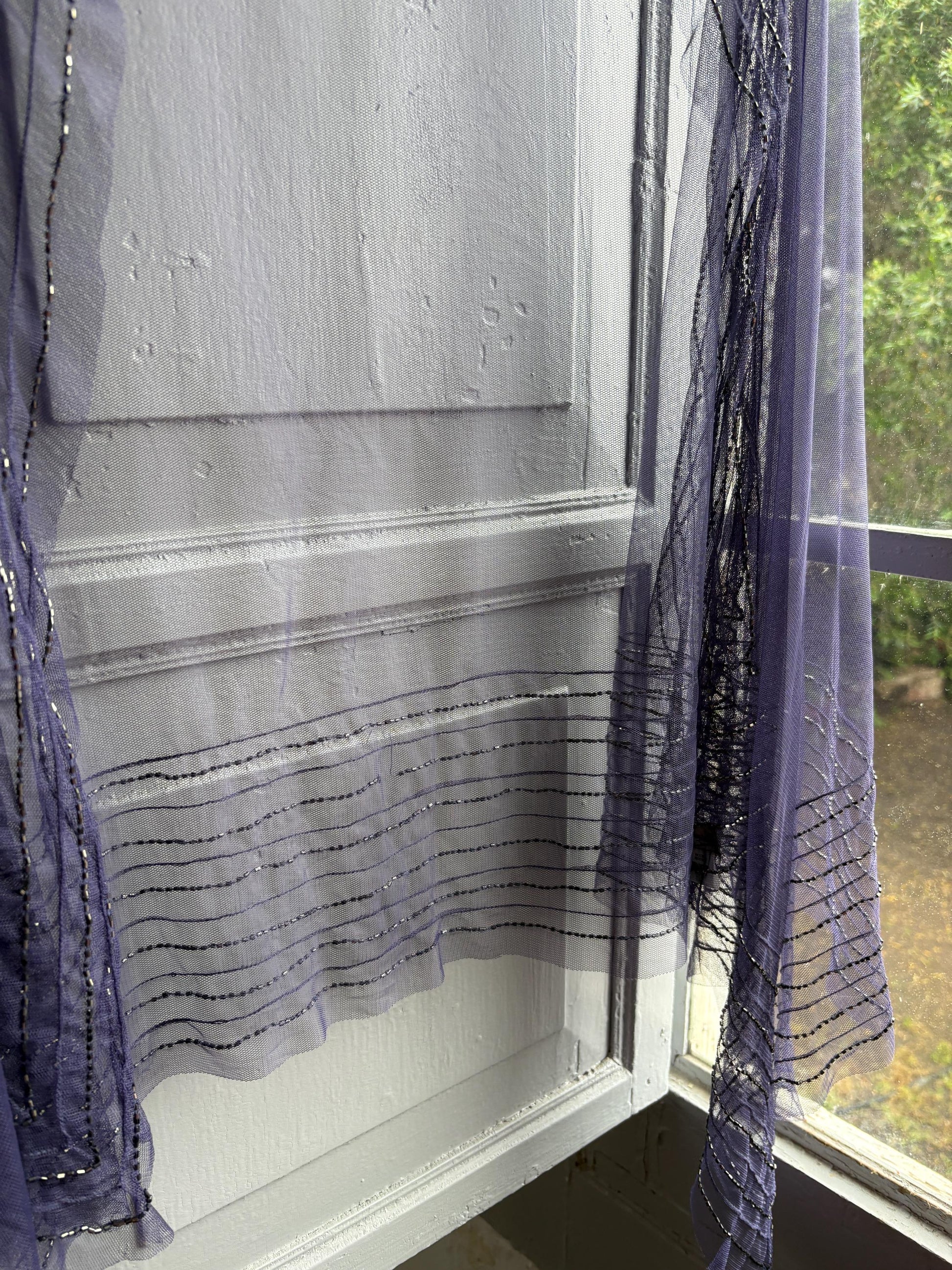 Vintage Purple Beaded Evening Shawl, Sheer Mesh Wrap, Formal Occasion Stole, Y2K Bridal Cover Up Scarf