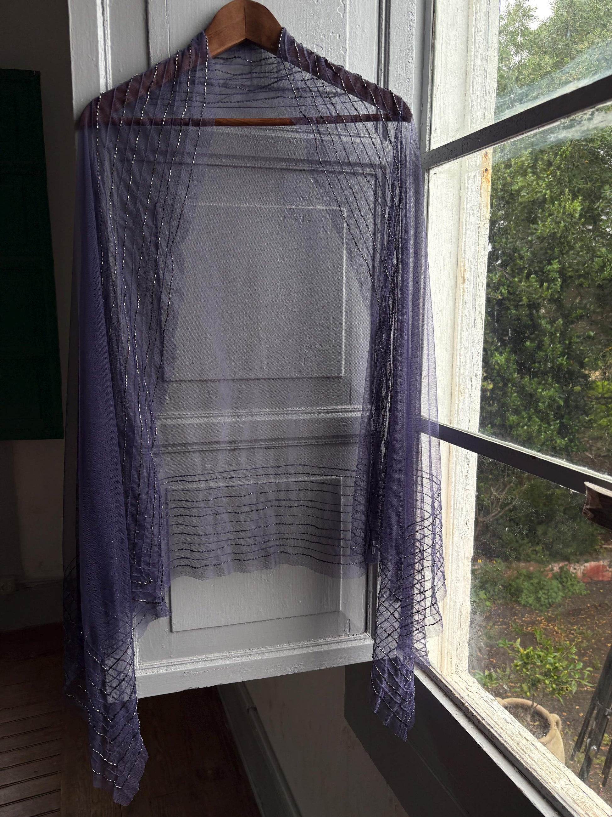Vintage Purple Beaded Evening Shawl, Sheer Mesh Wrap, Formal Occasion Stole, Y2K Bridal Cover Up Scarf