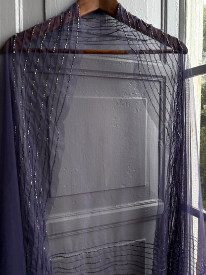 Vintage Purple Beaded Evening Shawl, Sheer Mesh Wrap, Formal Occasion Stole, Y2K Bridal Cover Up Scarf
