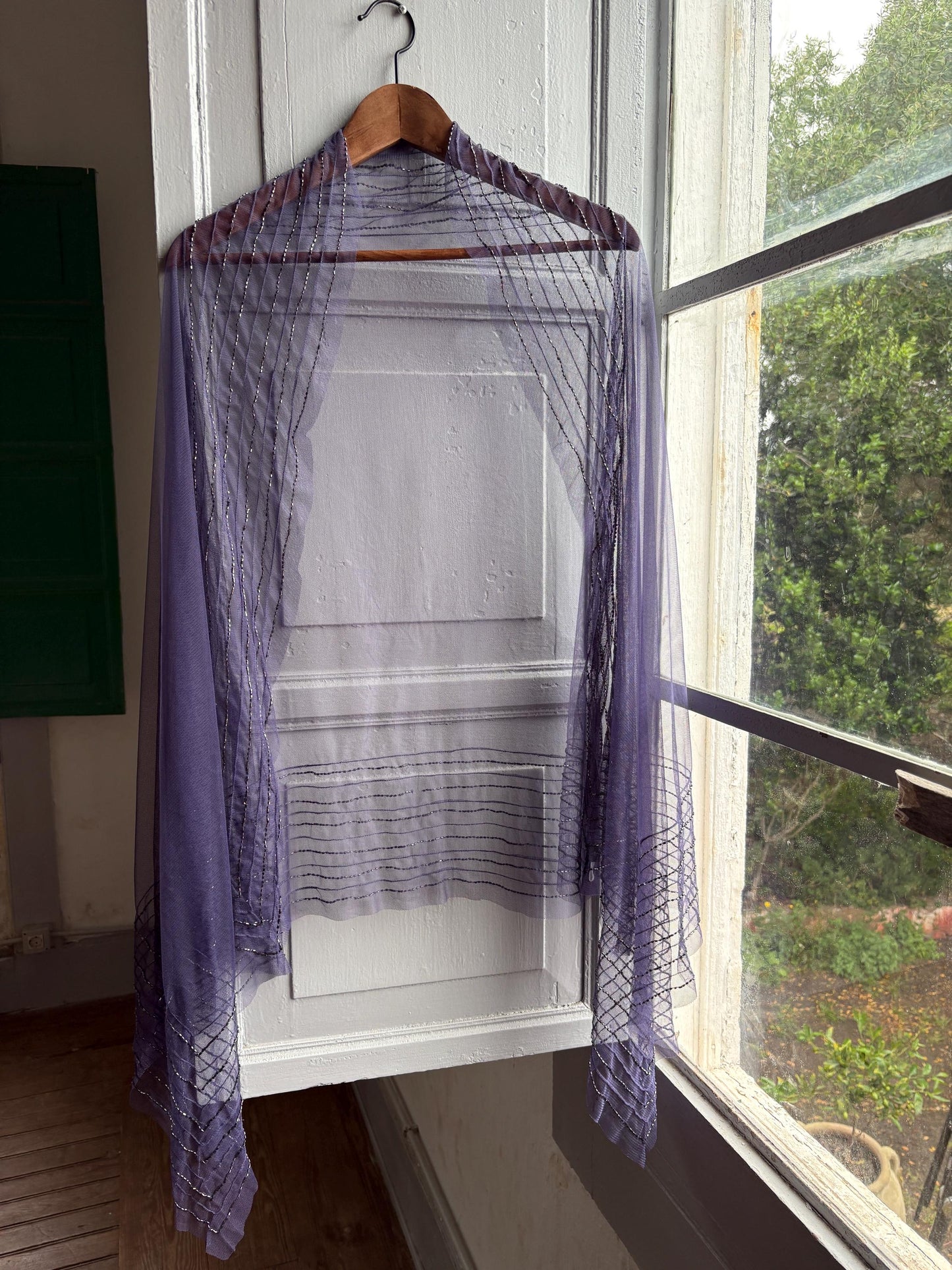 Vintage Purple Beaded Evening Shawl, Sheer Mesh Wrap, Formal Occasion Stole, Y2K Bridal Cover Up Scarf