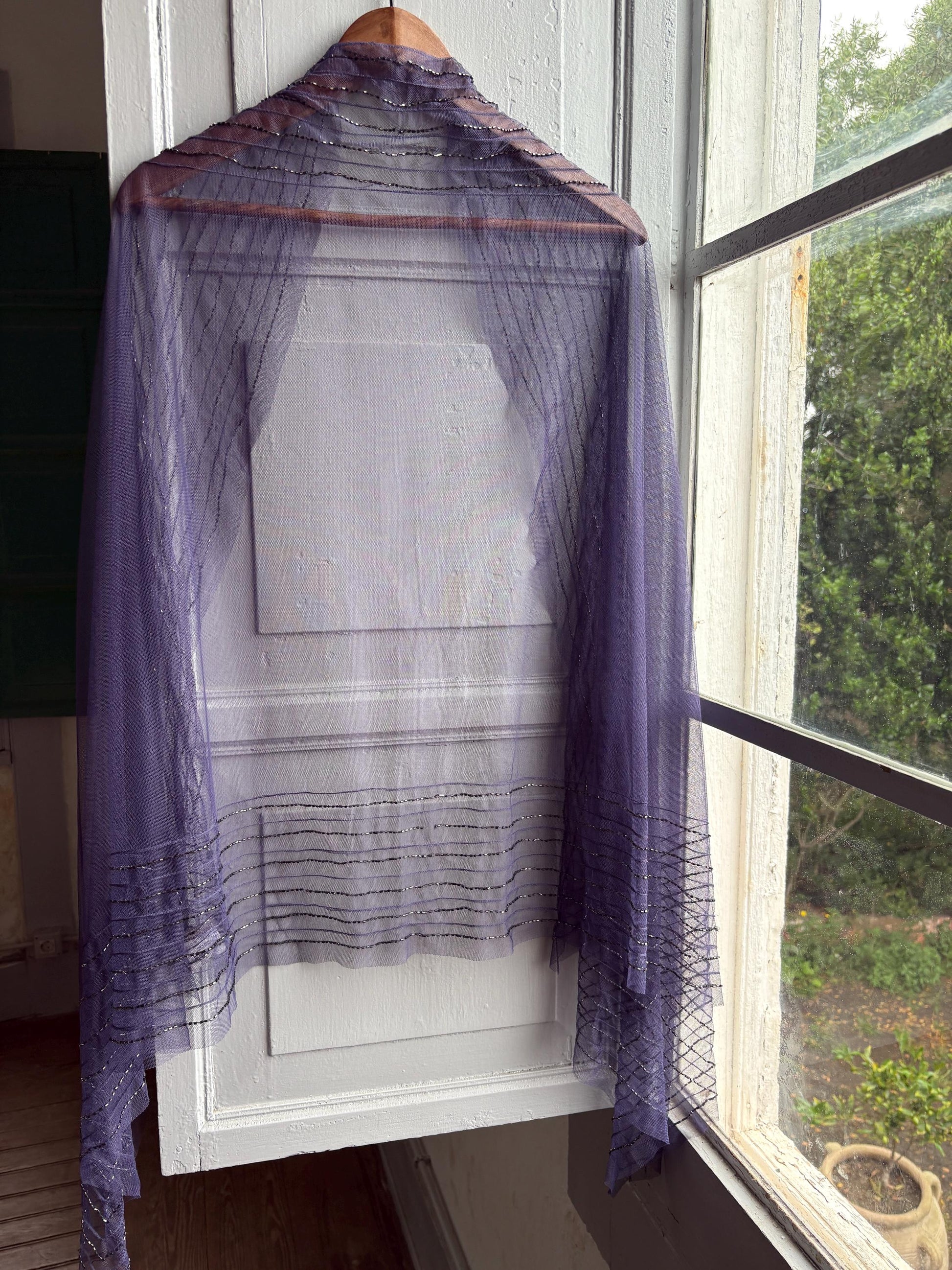 Vintage Purple Beaded Evening Shawl, Sheer Mesh Wrap, Formal Occasion Stole, Y2K Bridal Cover Up Scarf