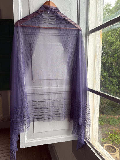 Vintage Purple Beaded Evening Shawl, Sheer Mesh Wrap, Formal Occasion Stole, Y2K Bridal Cover Up Scarf