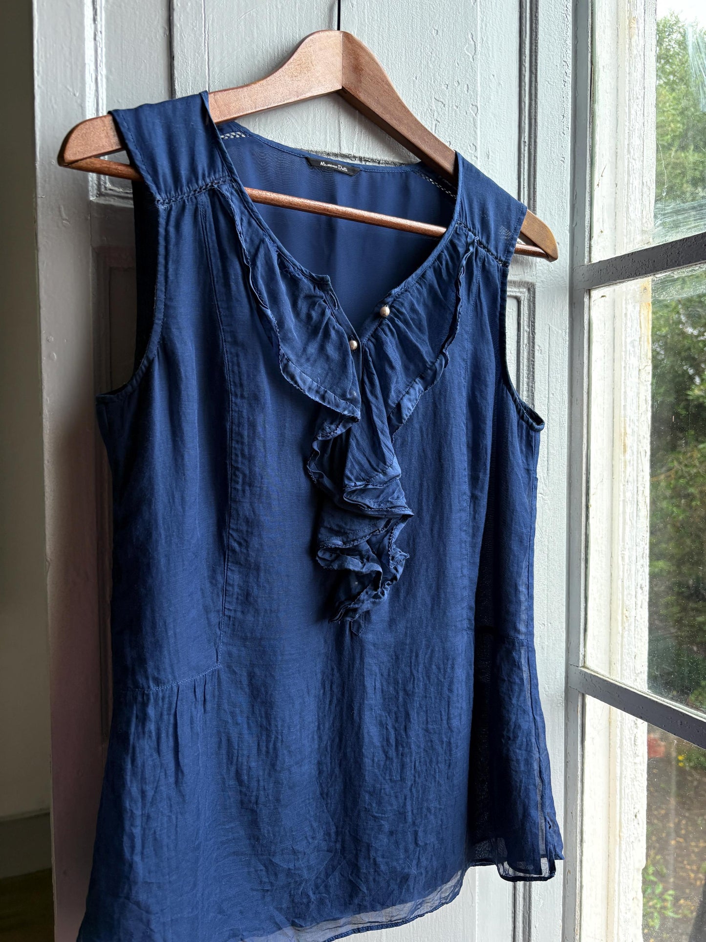 Massimo Dutti Silk Cotton Camisole, Blue Ruffle Blouse, Women Pearl Button summer Top, S