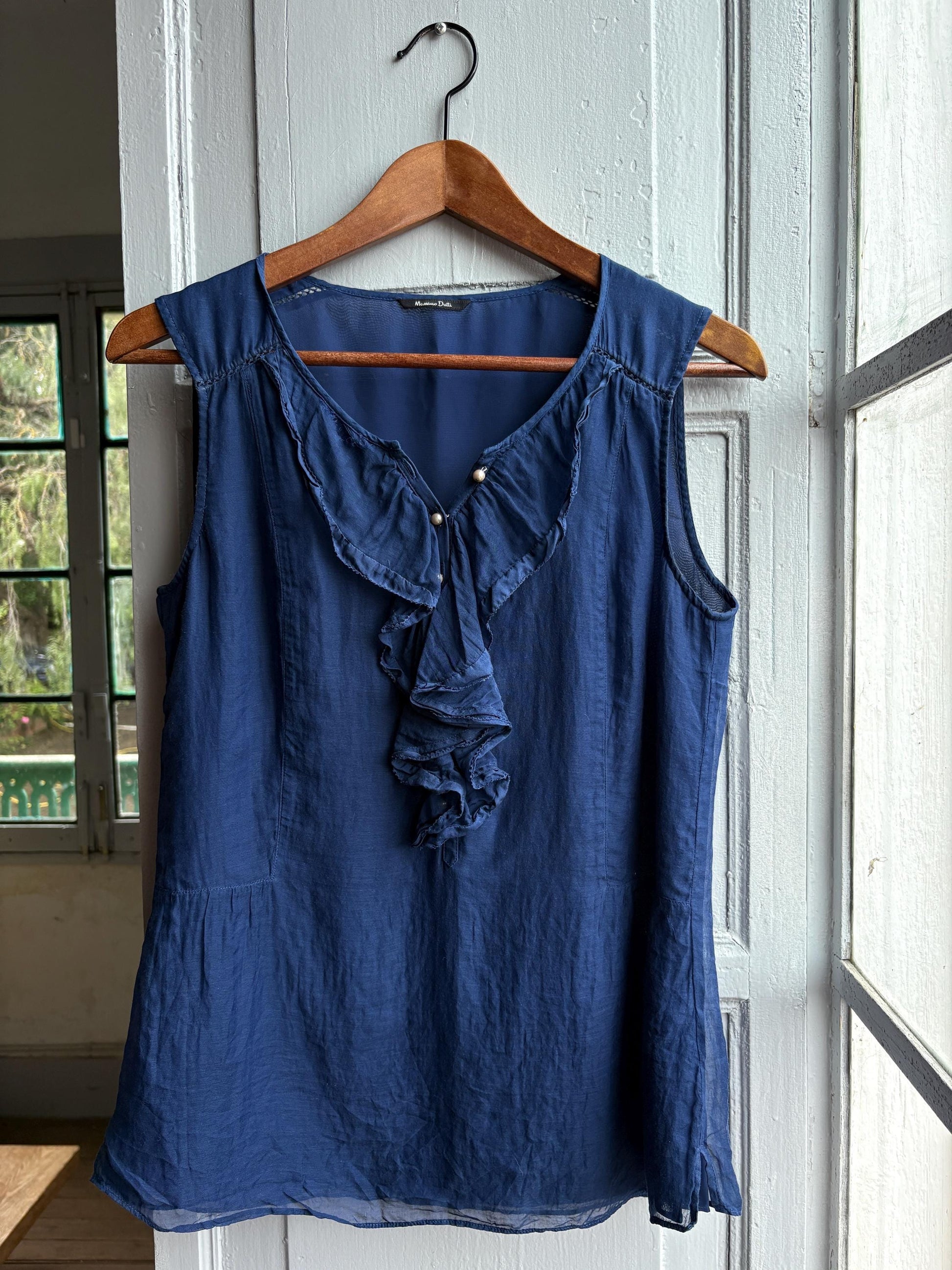 Massimo Dutti Silk Cotton Camisole, Blue Ruffle Blouse, Women Pearl Button summer Top, S