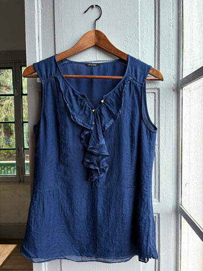 Massimo Dutti Silk Cotton Camisole, Blue Ruffle Blouse, Women Pearl Button summer Top, S