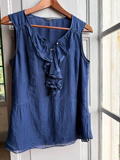 Massimo Dutti Silk Cotton Camisole, Blue Ruffle Blouse, Women Pearl Button summer Top, S