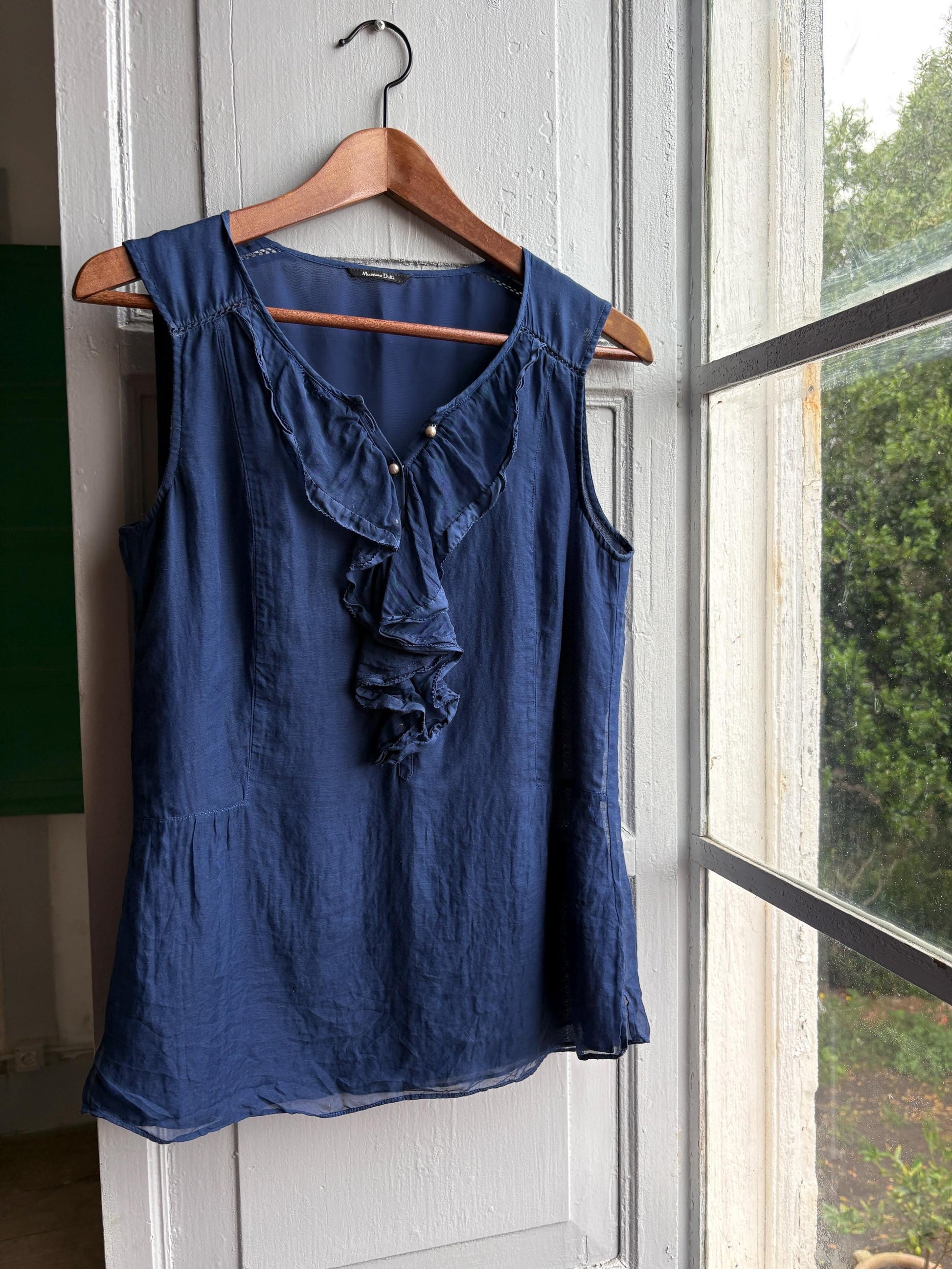 Massimo Dutti Silk Cotton Camisole, Blue Ruffle Blouse, Women Pearl Button summer Top, S