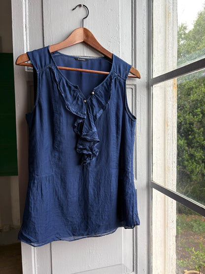 Massimo Dutti Silk Cotton Camisole, Blue Ruffle Blouse, Women Pearl Button summer Top, S
