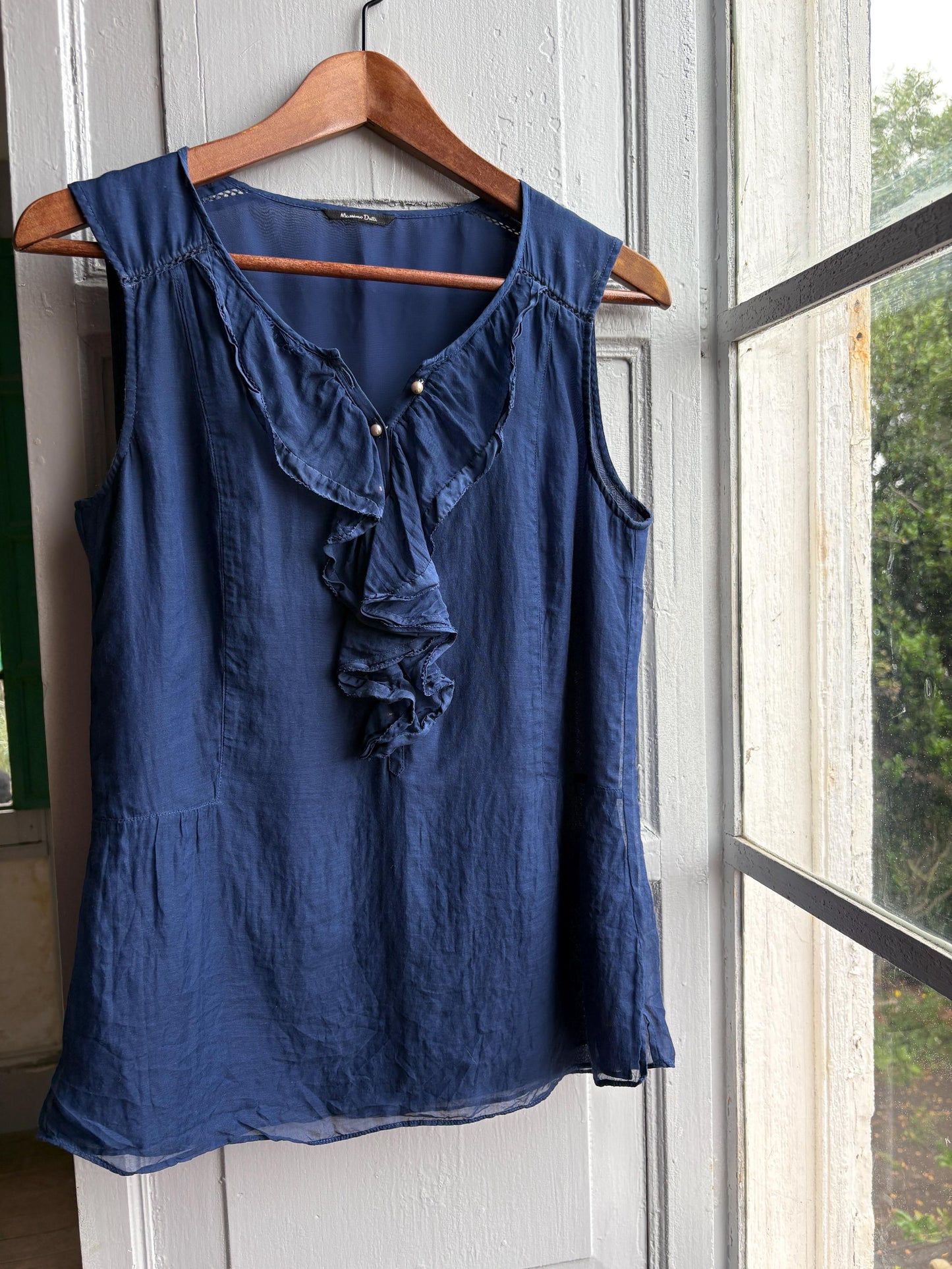 Massimo Dutti Silk Cotton Camisole, Blue Ruffle Blouse, Women Pearl Button summer Top, S