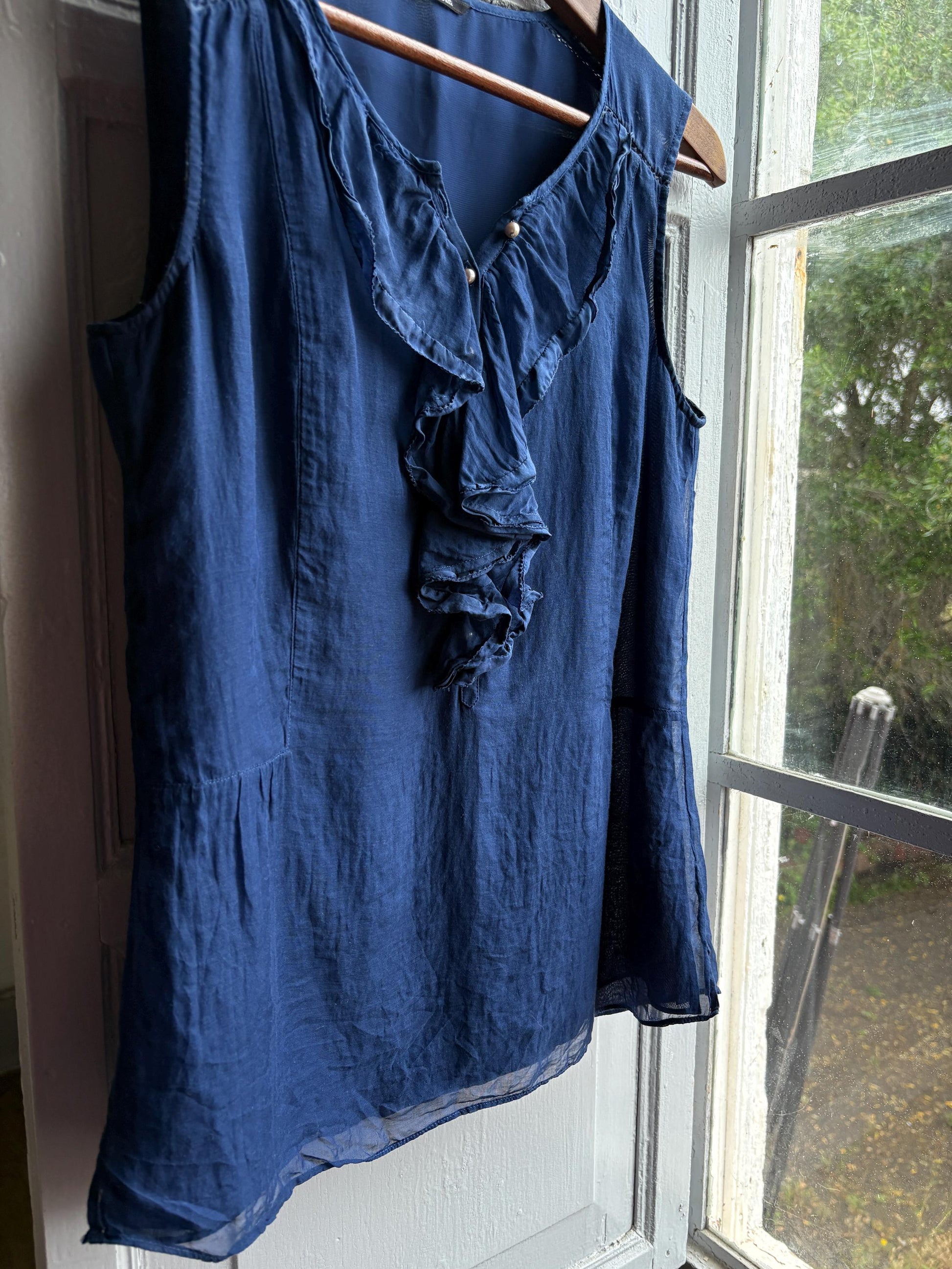 Massimo Dutti Silk Cotton Camisole, Blue Ruffle Blouse, Women Pearl Button summer Top, S