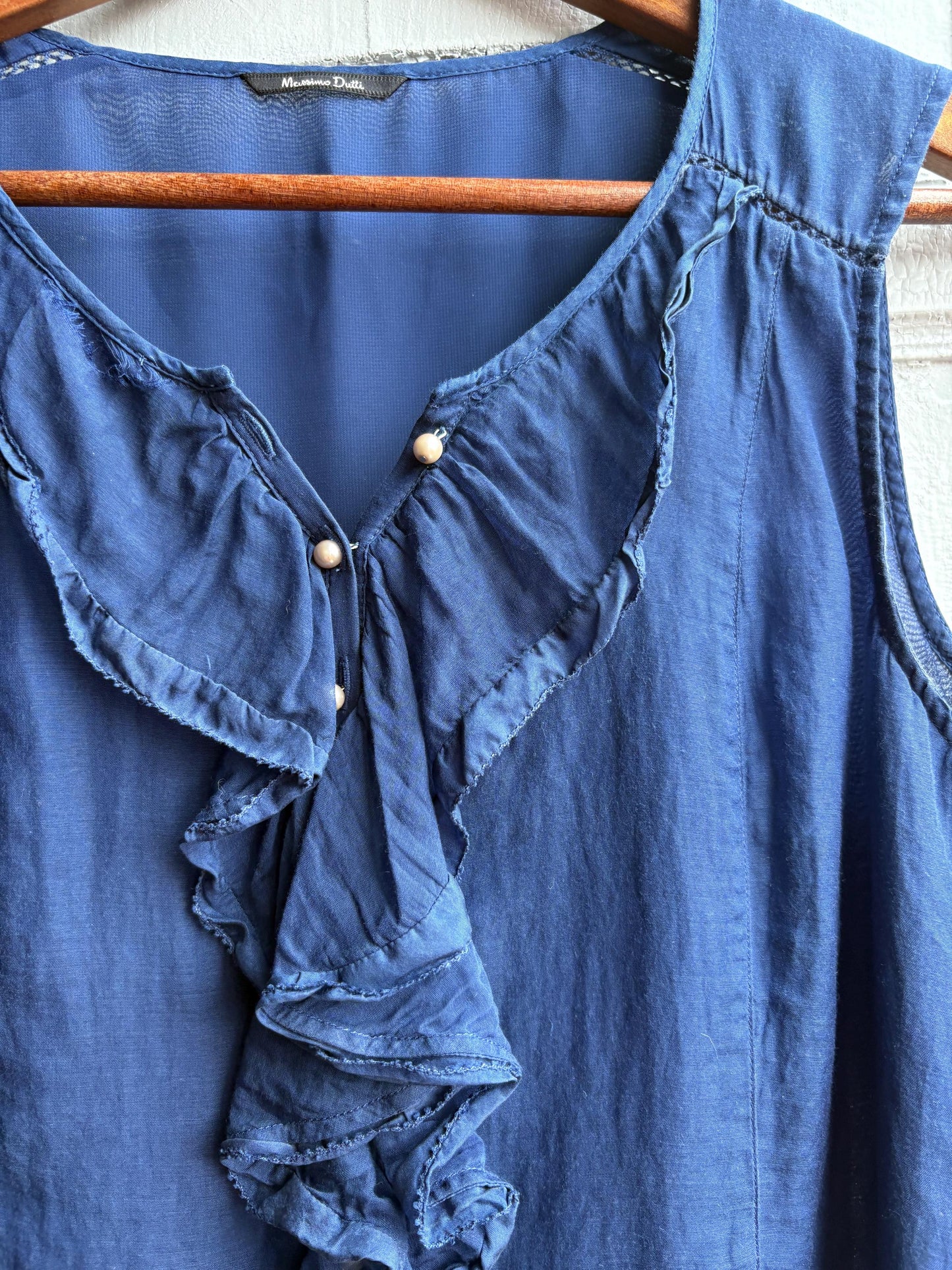 Massimo Dutti Silk Cotton Camisole, Blue Ruffle Blouse, Women Pearl Button summer Top, S