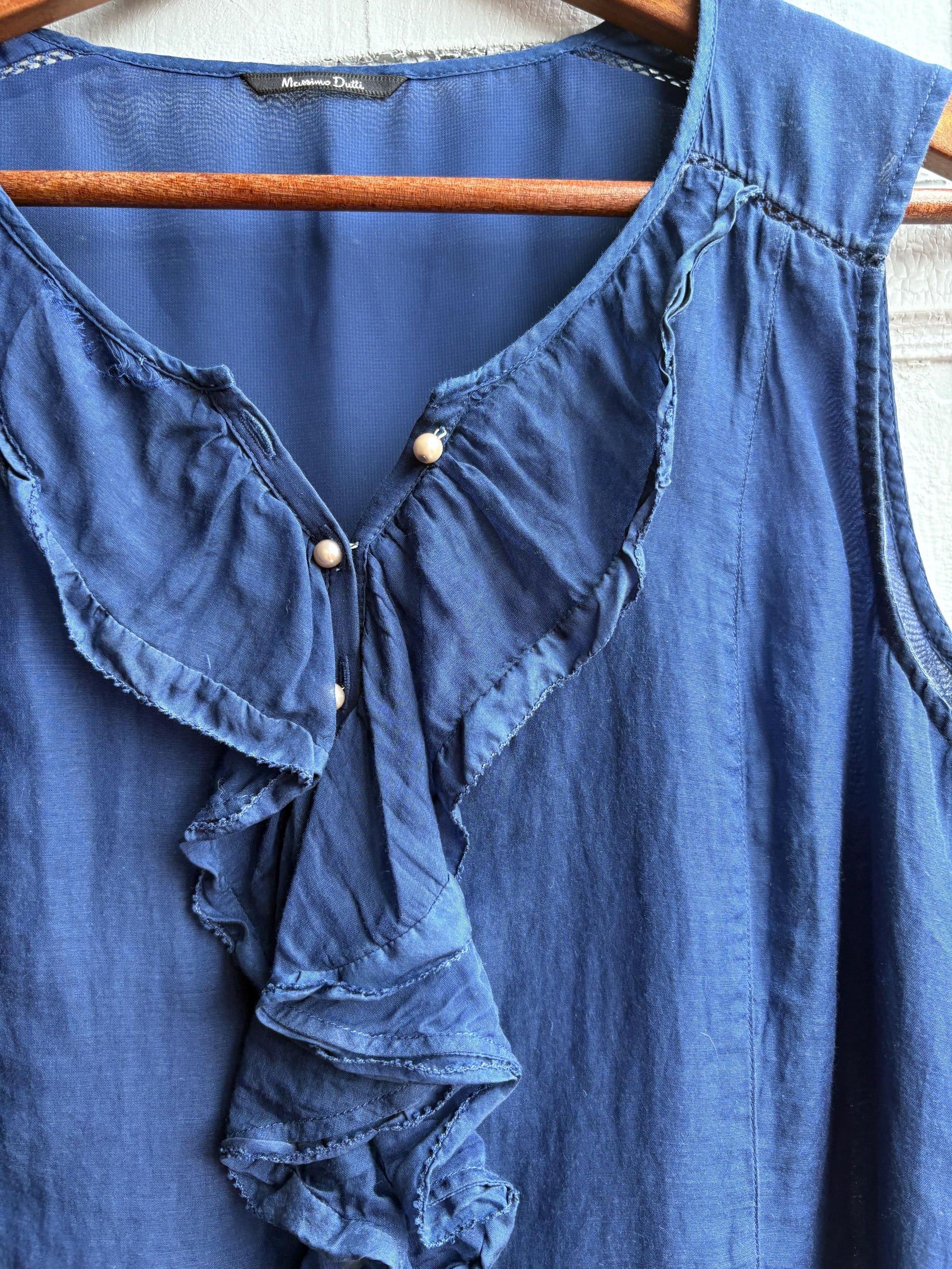 Massimo Dutti Silk Cotton Camisole, Blue Ruffle Blouse, Women Pearl Button summer Top, S
