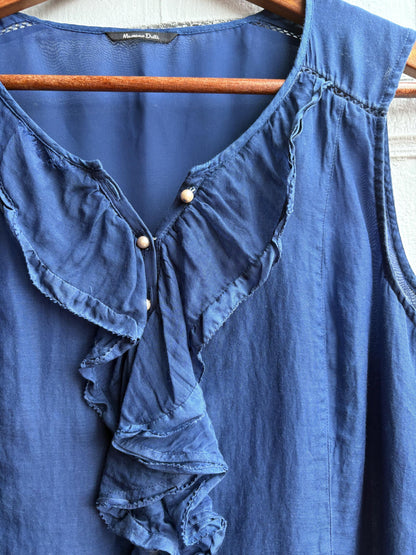 Massimo Dutti Silk Cotton Camisole, Blue Ruffle Blouse, Women Pearl Button summer Top, S