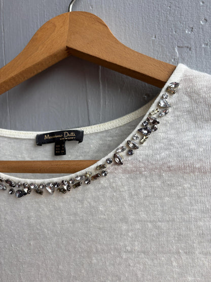 Ivory Beaded Neckline Minimalist Blouse — fabric close-up