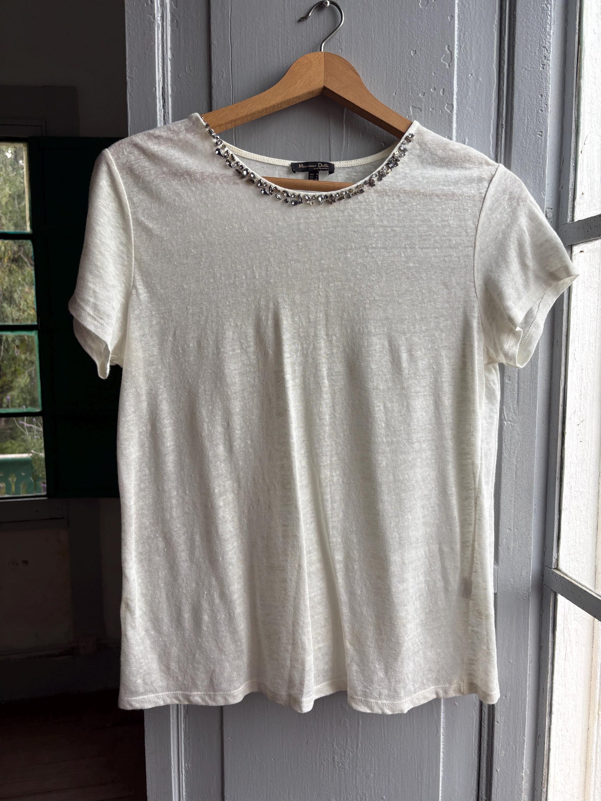 Ivory Beaded Neckline Minimalist Blouse — additional view 7