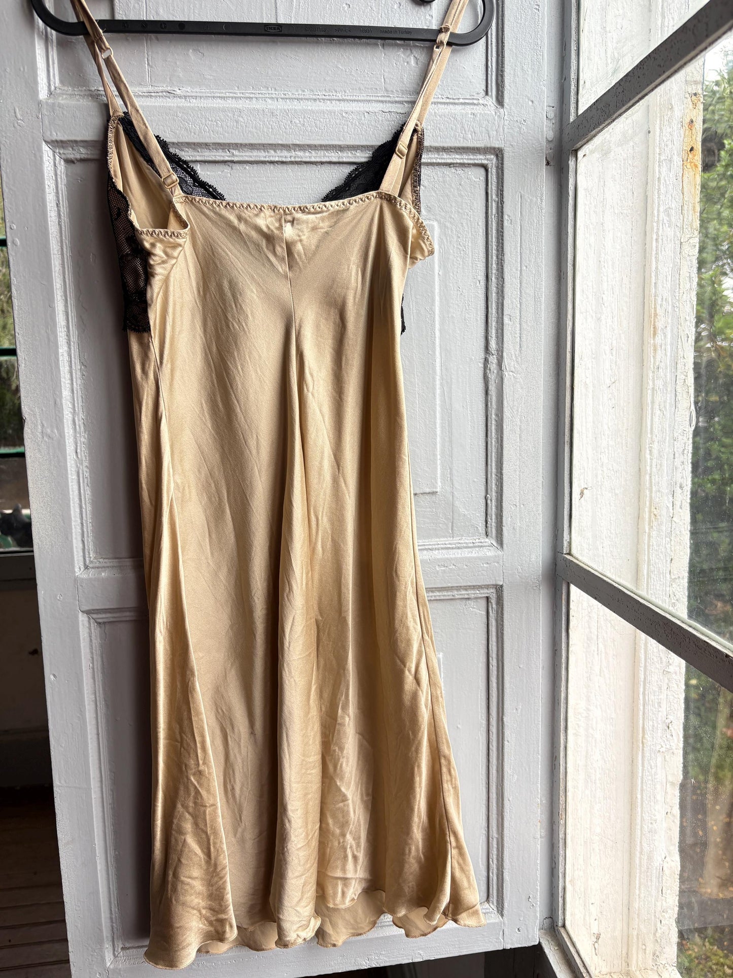 Silk Lace Slip Dress in Beige Black — back view