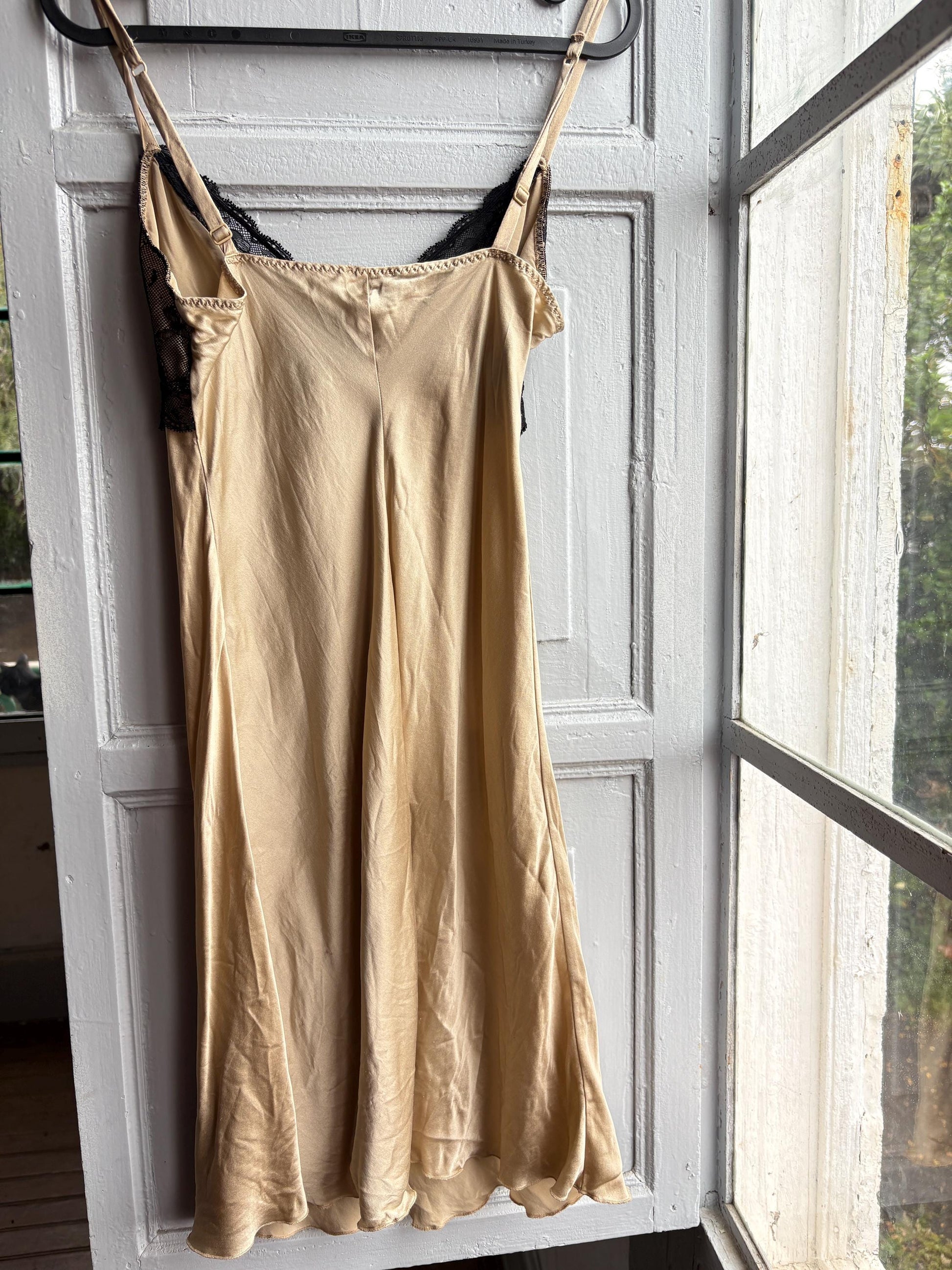 Silk Lace Slip Dress in Beige Black — back view