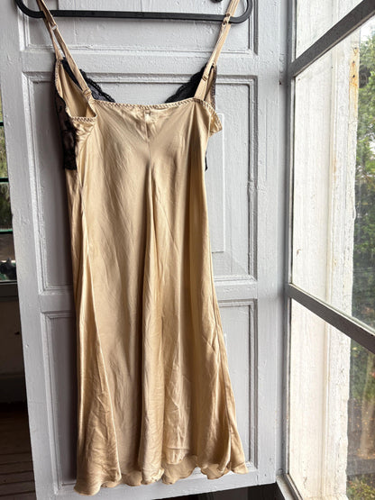 Silk Lace Slip Dress in Beige Black — back view