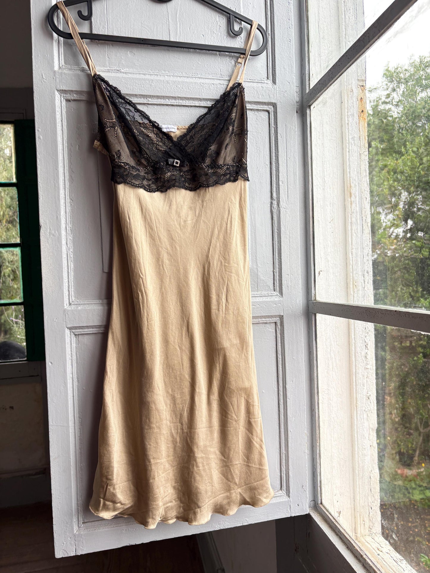 Silk Lace Slip Dress in Beige Black — additional view 5