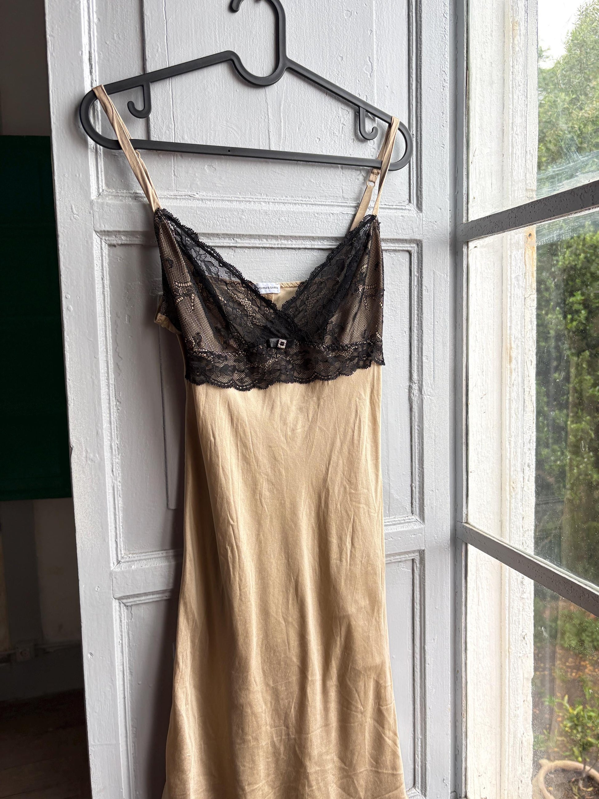 Silk Lace Slip Dress in Beige Black — additional view 6