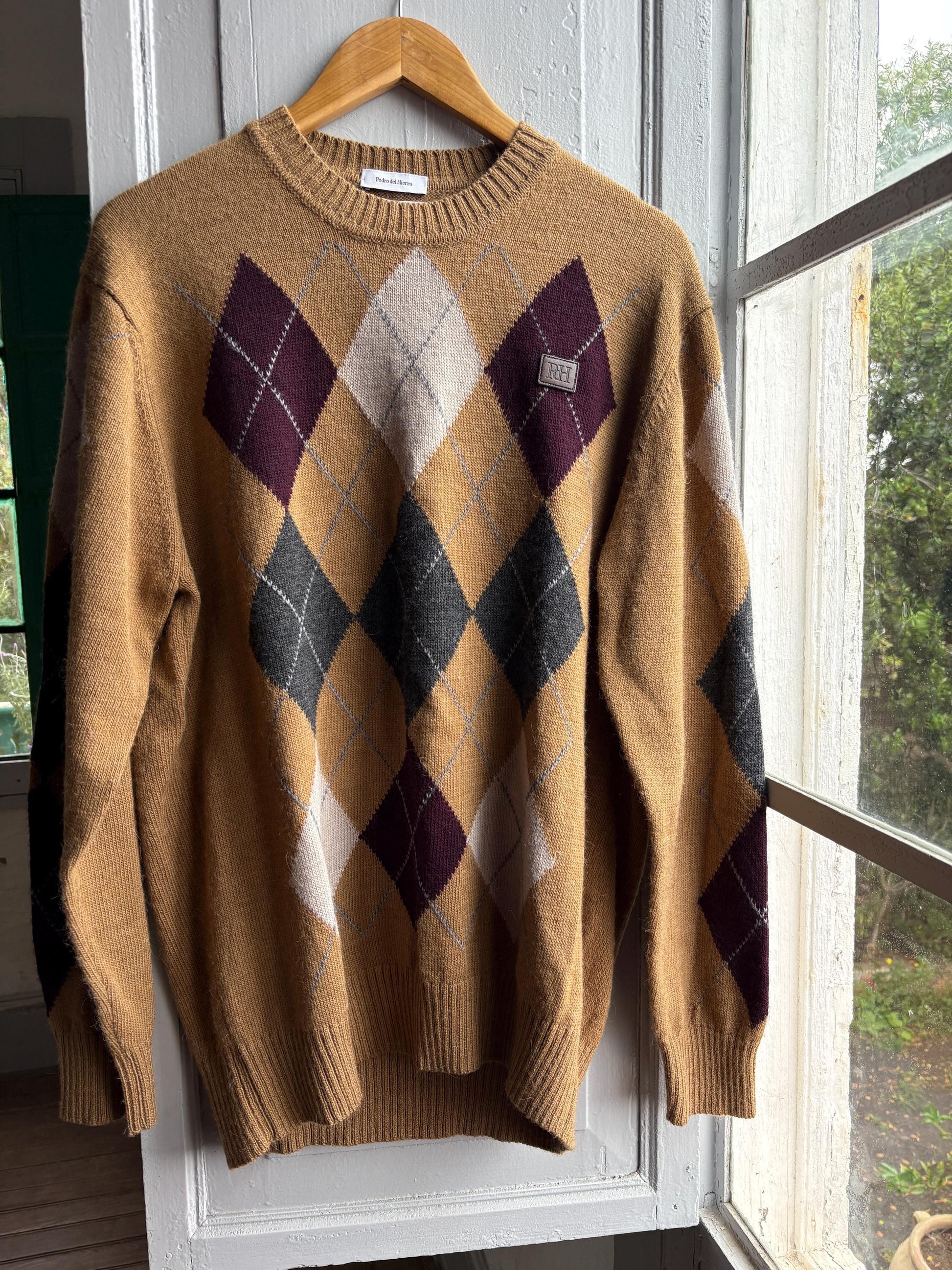 Pedro Del Hierro Argyle Jumper, Mens Luxury Knit, Italian Yarn, Christmas Sweater, Wool Blend, Size XL